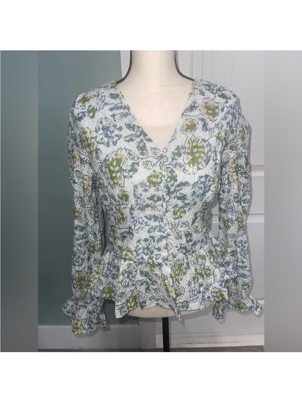 7 For All Mankind Cotton Eyelet Deep V-Neck Blue/Green Floral Peplum Long Sleeve